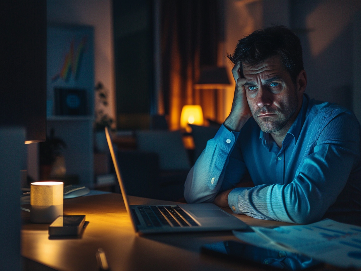 Hôtelier stressé devant ses performances